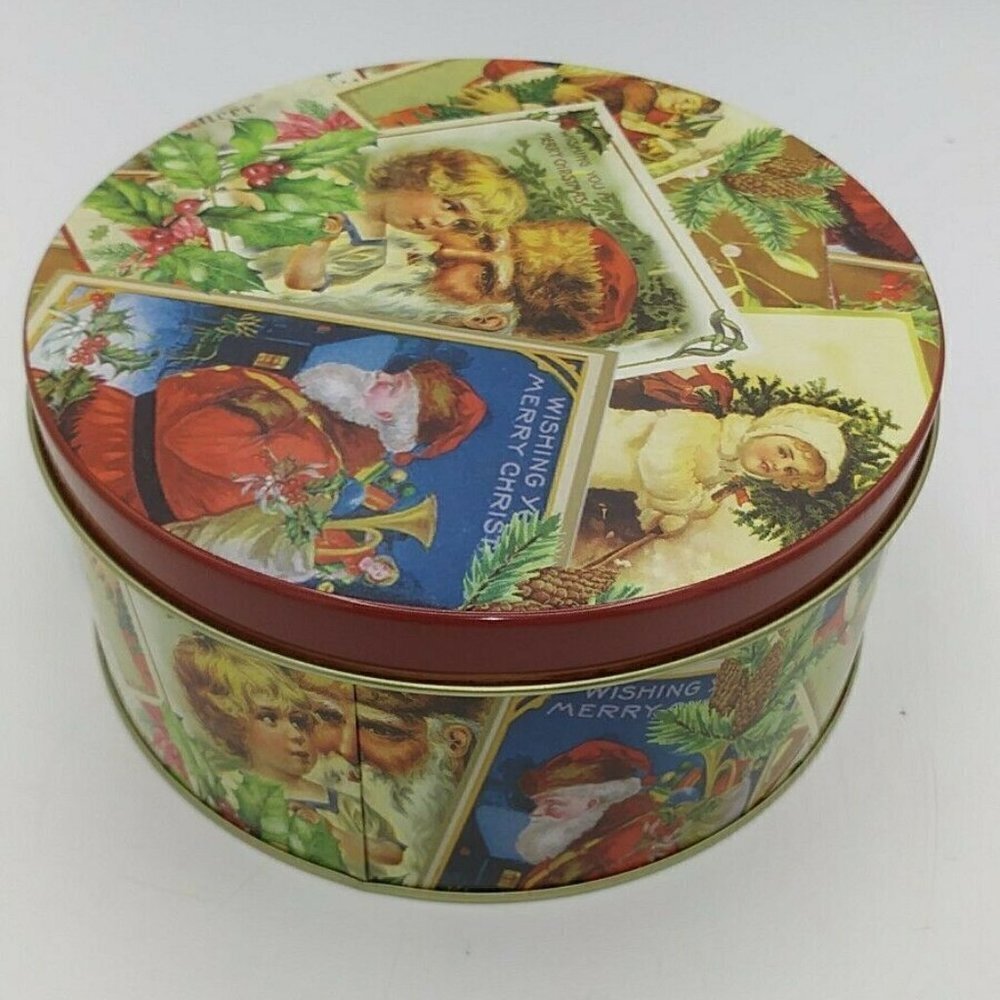 Santa Christmas Tin Vintage Look 6"  Round Small Holiday Gifts Baking Unbranded